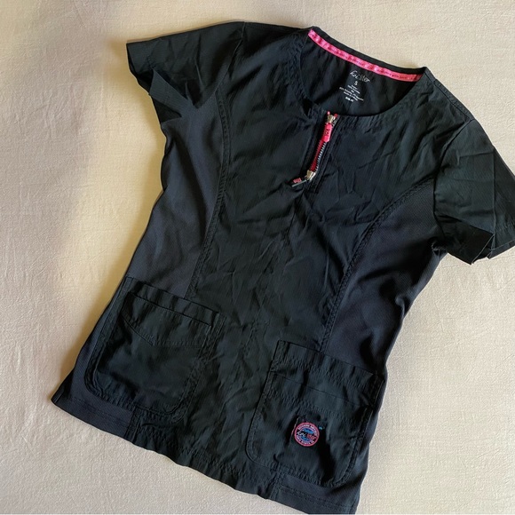 KOI Lite Serenity Double Zipper Neckline Slim Fit Scrub Top, Womens Small, Black - Picture 2 of 11